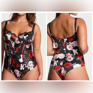 Victoria’s Secret Noir Satin Lace-Trim Cupped Bodysuit - Black Floral Small
